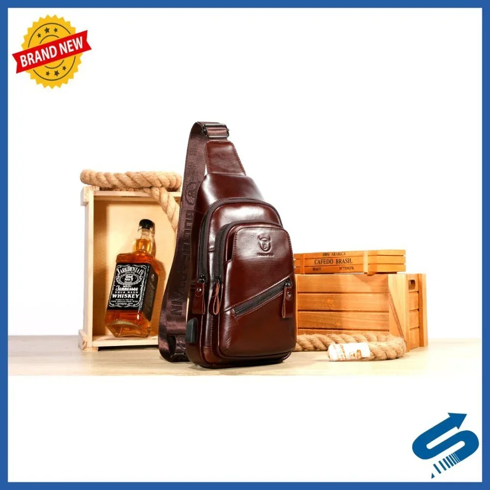 Genuine Leather Sling Bag with USB Charging Port, Adjustable Strap, Multi-Pocket